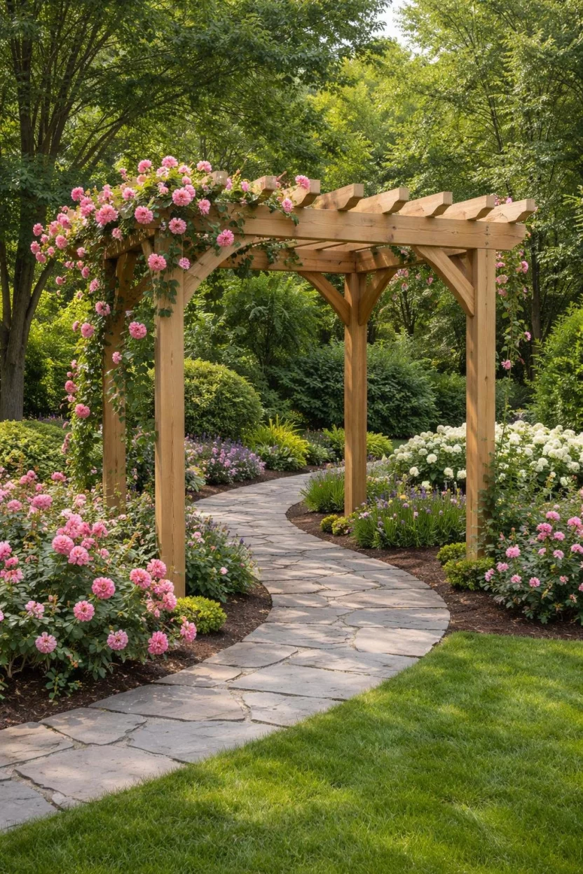 A realistic photo of a typical American home's backyard showing a standalone wooden pergola made of pressure-treated pine placed over a winding garden path, covered in blooming pink roses and lush greenery away from the main house.