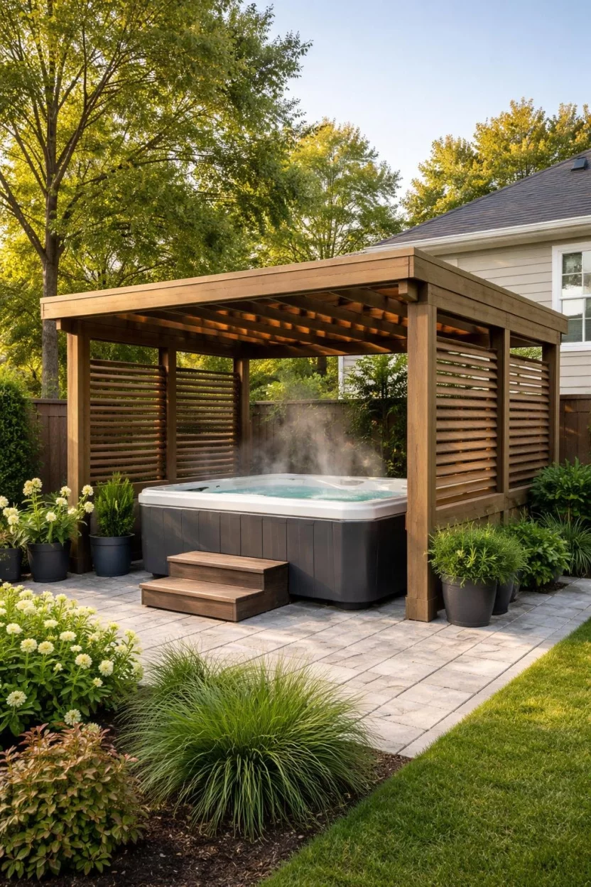 A realistic photo of a typical American home's backyard with a low-profile treated wood pergola built over a steaming hot tub, featuring sloped rafters and wooden louvers on the sides for privacy.