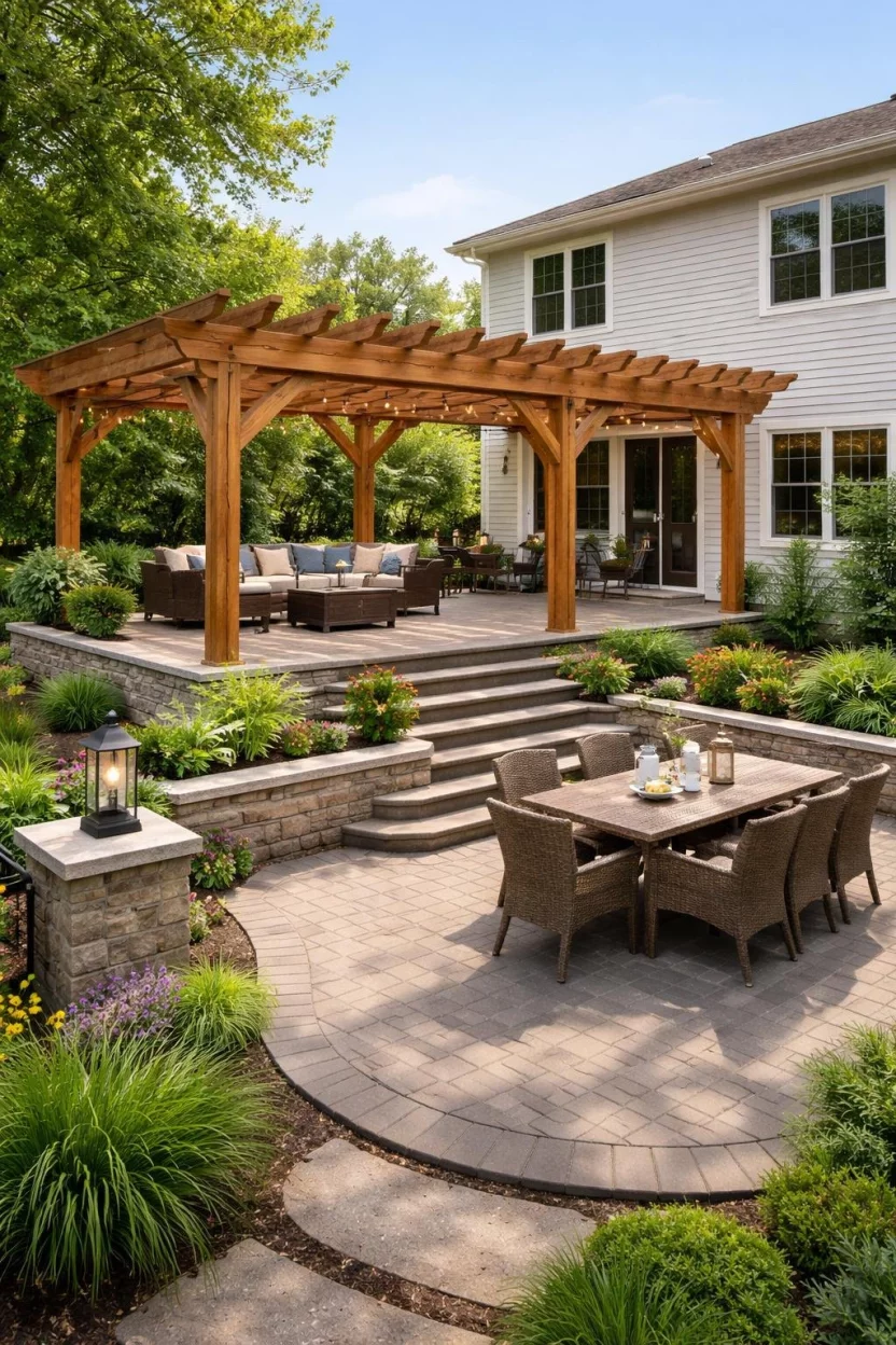 A realistic photo of a typical American home's backyard featuring a large two-tiered wooden pergola built over a split-level patio, with stairs connecting the dining area to a higher lounging deck.