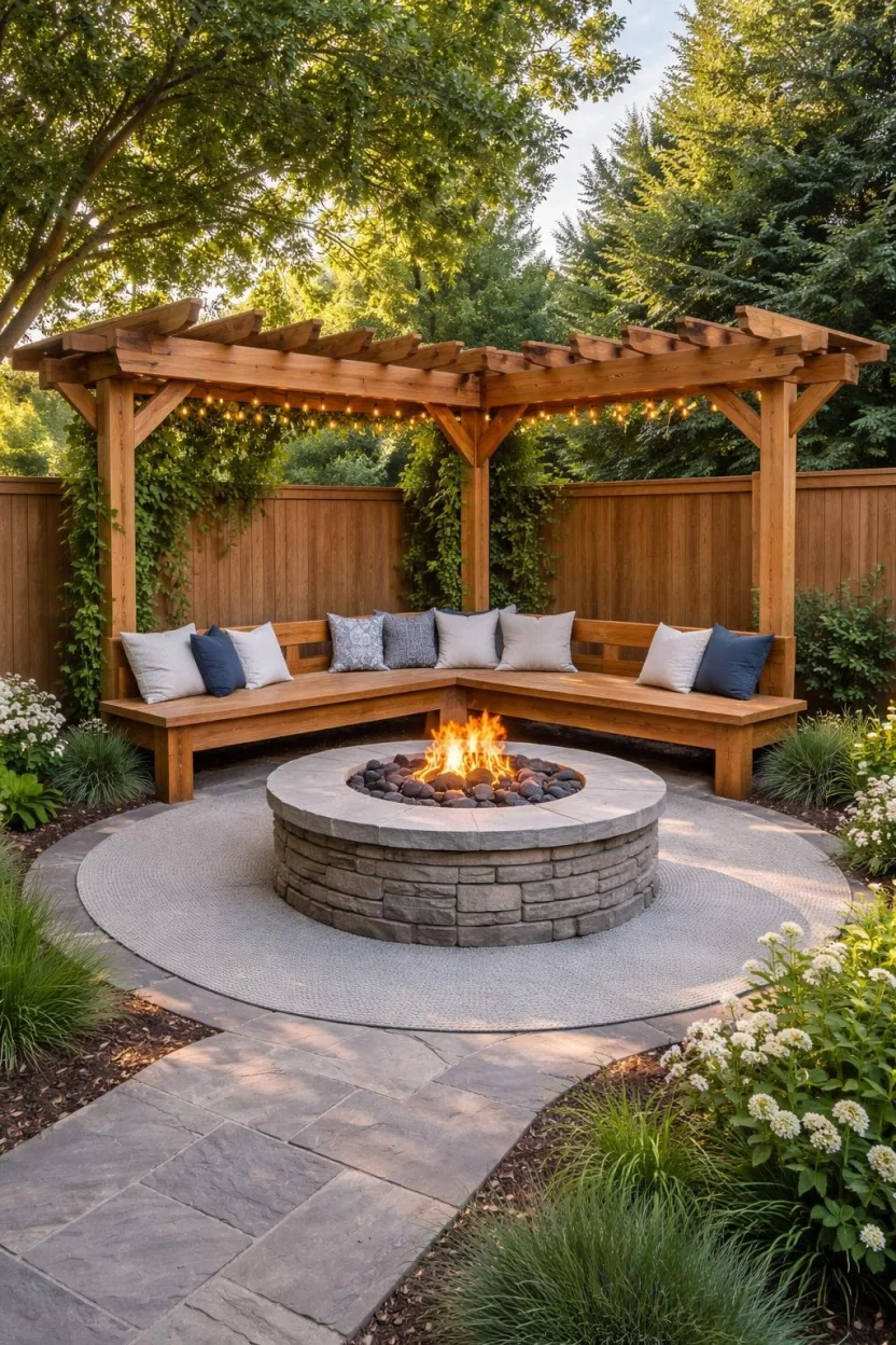 A realistic photo of a typical American home's backyard featuring an L-shaped oak pergola tucked into a corner fence, with a stone fire pit in the middle and wrap-around wooden benches.