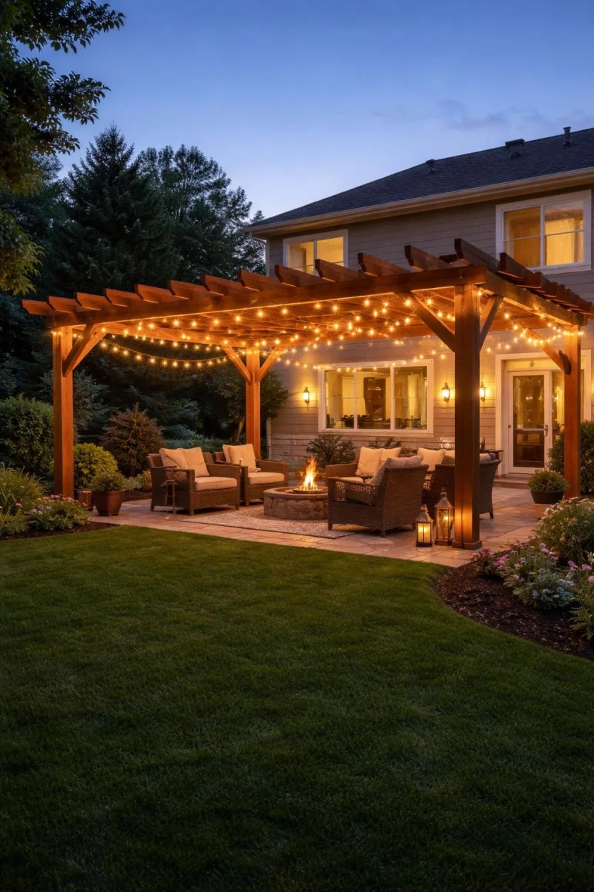 A realistic photo of a typical American home's backyard at dusk with a simple timber pergola illuminated by dozens of warm glowing bistro lights wrapped around the beams and hanging in zig-zag patterns.