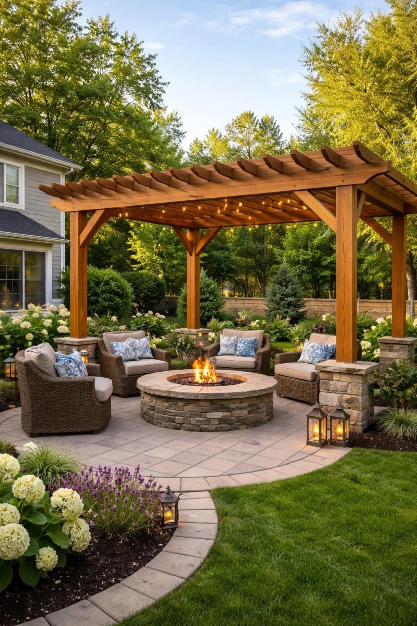 A realistic photo of a typical American home's backyard with a wooden pergola positioned safely next to a stone fire pit, featuring fire-retardant treated wood and comfortable circular seating around the flames.