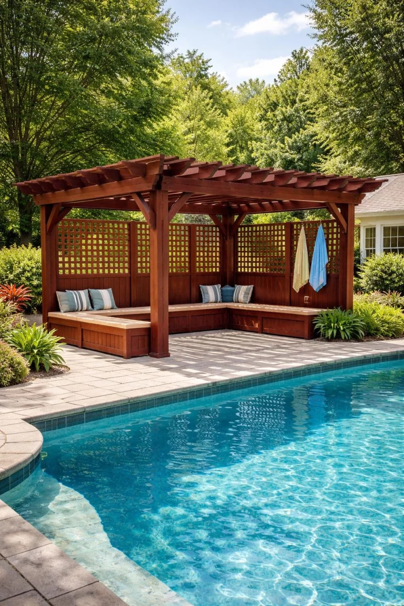A realistic photo of a typical American home's backyard with a dark redwood pergola located next to a sparkling blue swimming pool, featuring lattice privacy screens and built in wooden benches for wet swimmers.
