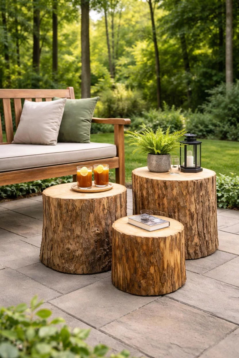 A realistic photo of an American home's backyard showing three different sized natural wood tree stumps used as side tables next to a wooden bench, with a green forest background.