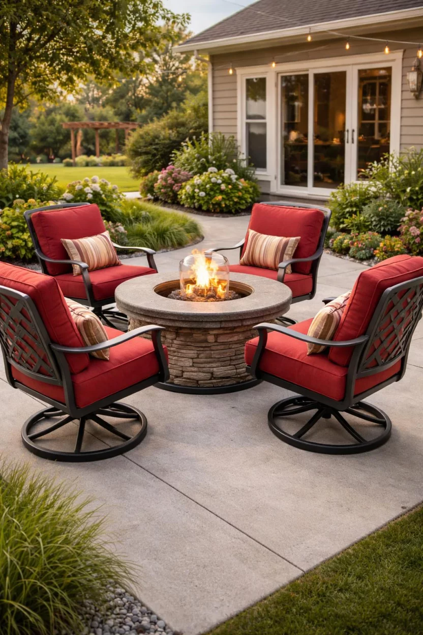 A realistic photo of an American home's backyard featuring dark gray cast aluminum swivel chairs with red cushions around a stone fire table on a concrete patio.