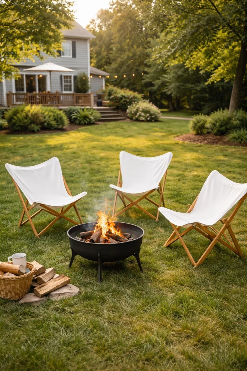 A realistic photo of an American home's backyard featuring three foldable wooden frame butterfly chairs with white canvas seats around a portable iron fire pit in a grassy field.