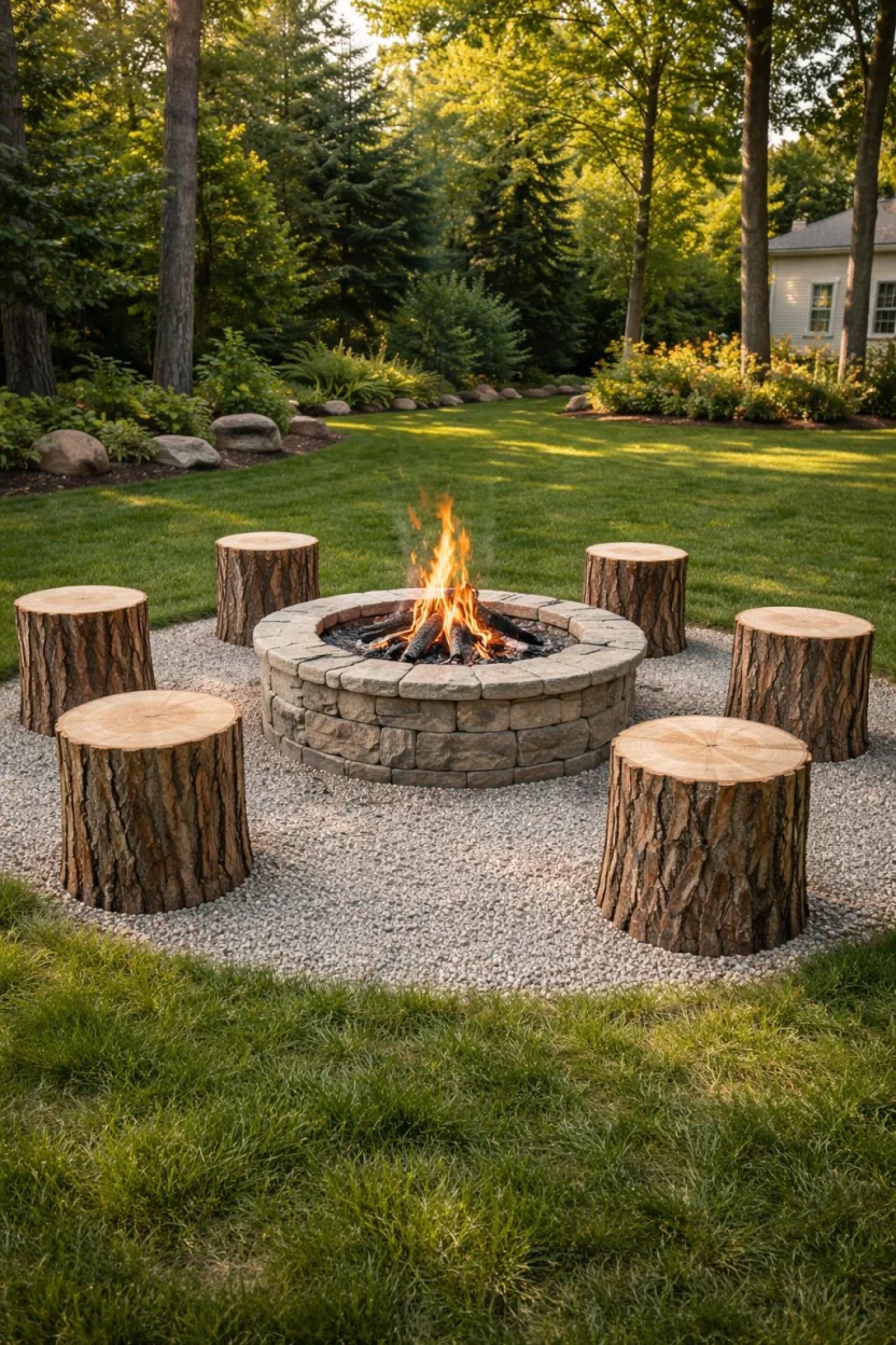 A realistic photo of an American home's backyard featuring smoothed and sealed natural pine tree stumps used as stools around a stone fire pit in a grassy clearing.