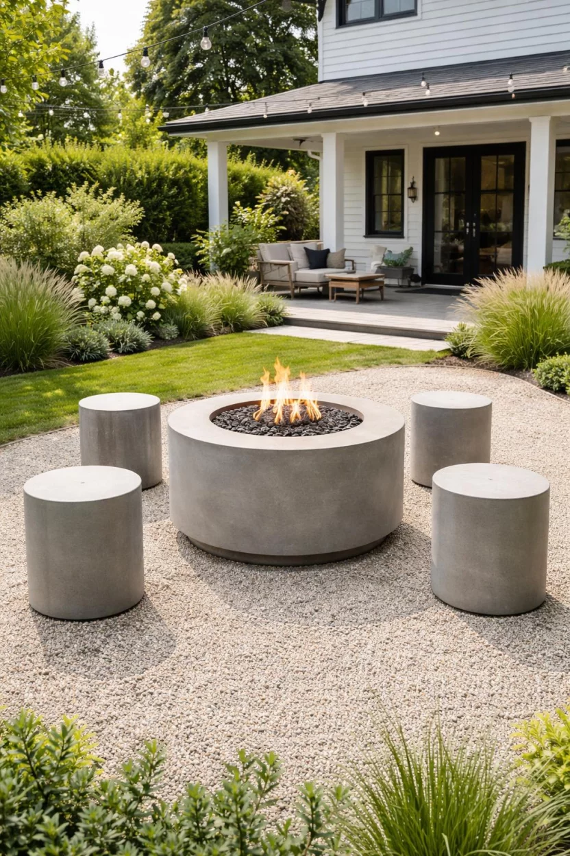 A realistic photo of an American home's backyard featuring minimalist gray concrete cylinder stools around a matching concrete fire table on a gravel patio.