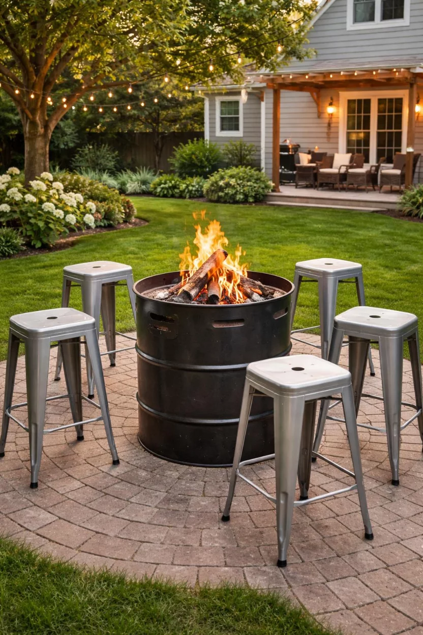 A realistic photo of an American home's backyard featuring galvanized steel Tolix style stools around a repurposed metal drum fire pit on a brick patio.
