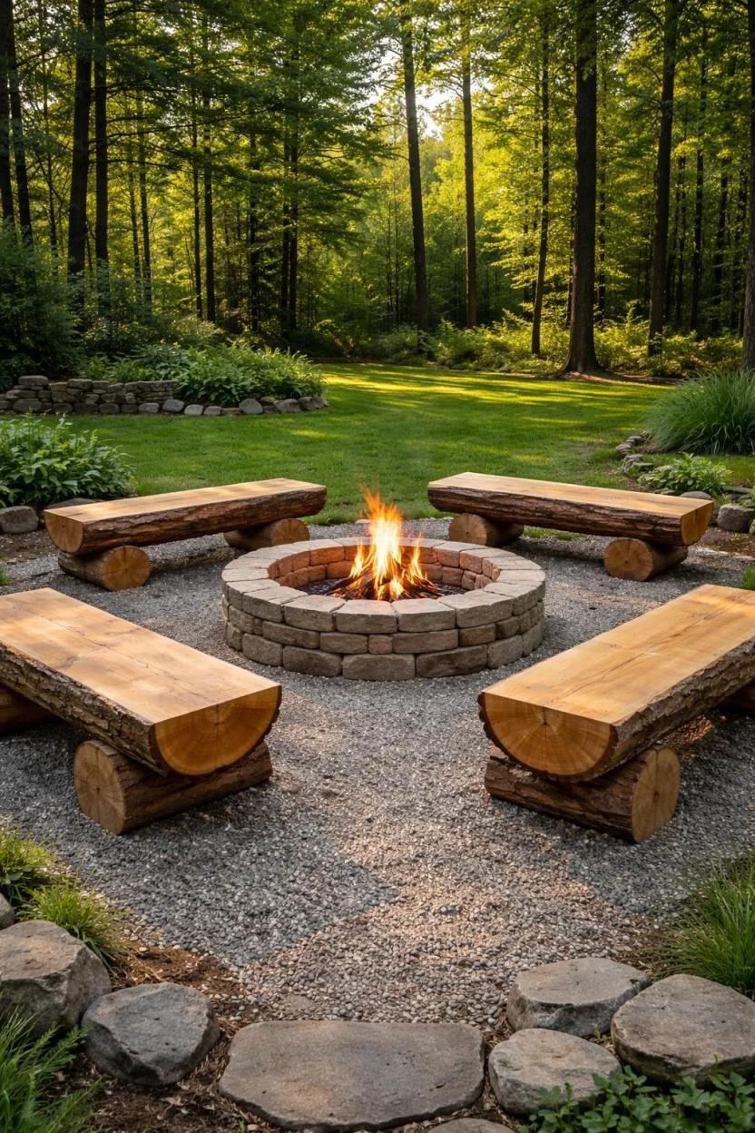 A realistic photo of an American home's backyard featuring heavy cedar log benches with natural bark edges surrounding a large stone fire ring in a wooded clearing.