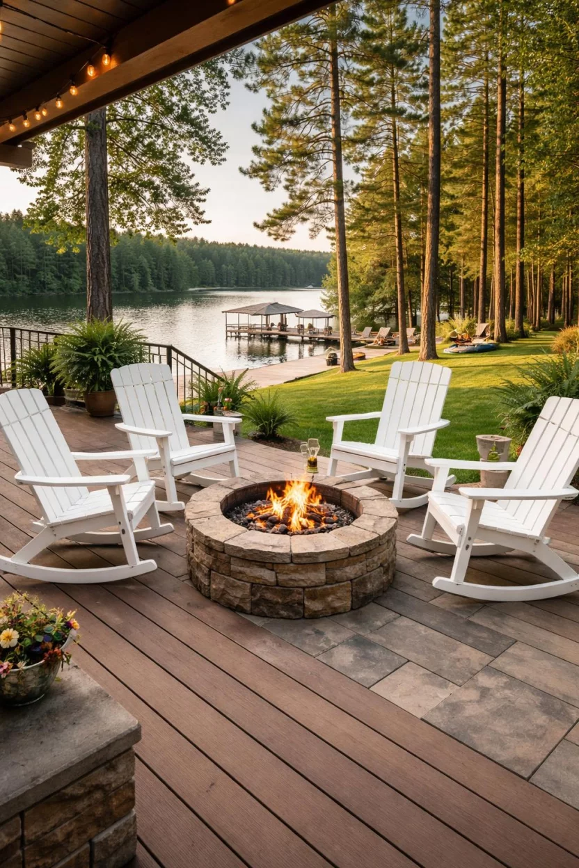 A realistic photo of an American home's backyard featuring white recycled plastic rocking chairs around a stone fire pit on a wooden porch overlooking a lake.