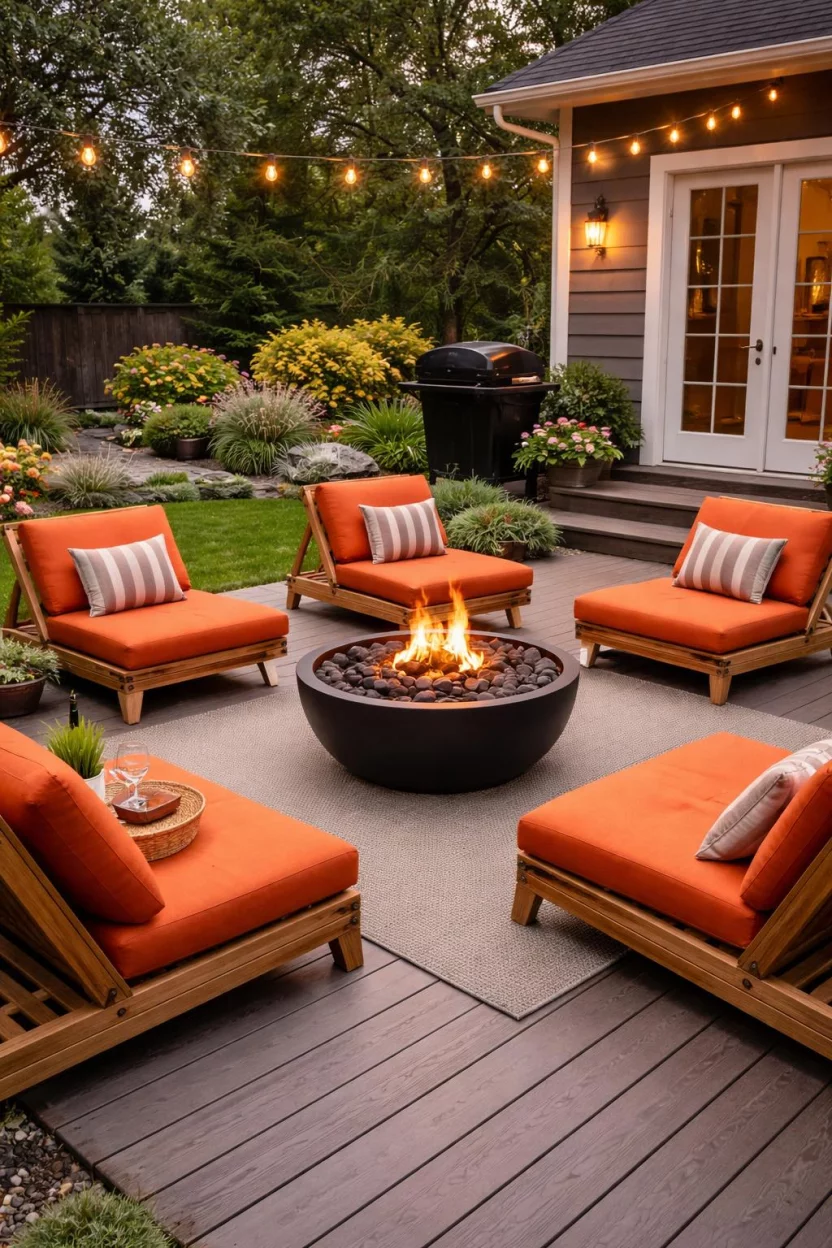 A realistic photo of an American home's backyard featuring low profile wood slatted lounge chairs with orange cushions around a modern black fire pit on a deck.