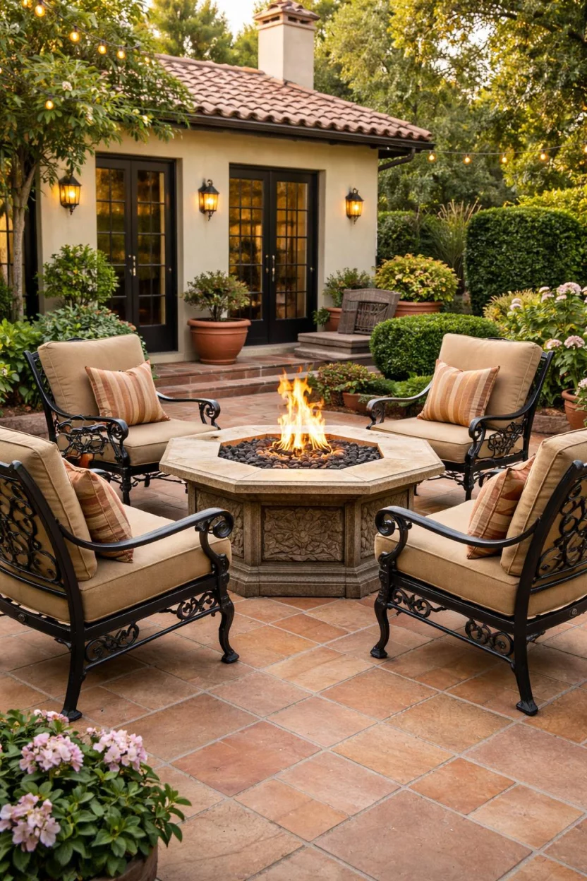 A realistic photo of an American home's backyard featuring ornate dark bronze wrought iron armchairs with tan seat cushions arranged on a terracotta tile patio around a Mediterranean style fire table.