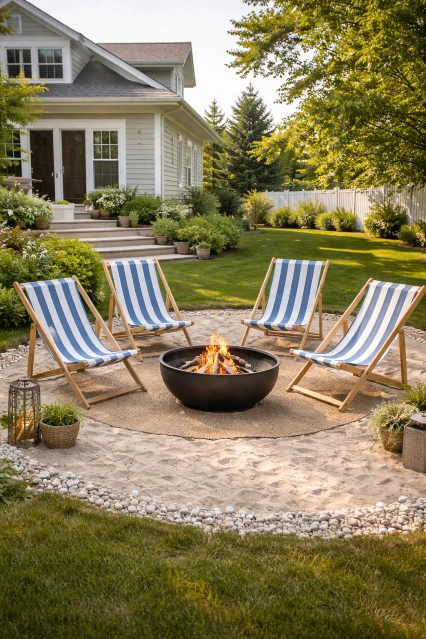 A realistic photo of an American home's backyard featuring blue and white striped canvas deck chairs with light wood frames around a simple fire bowl on a sandy beach spot.