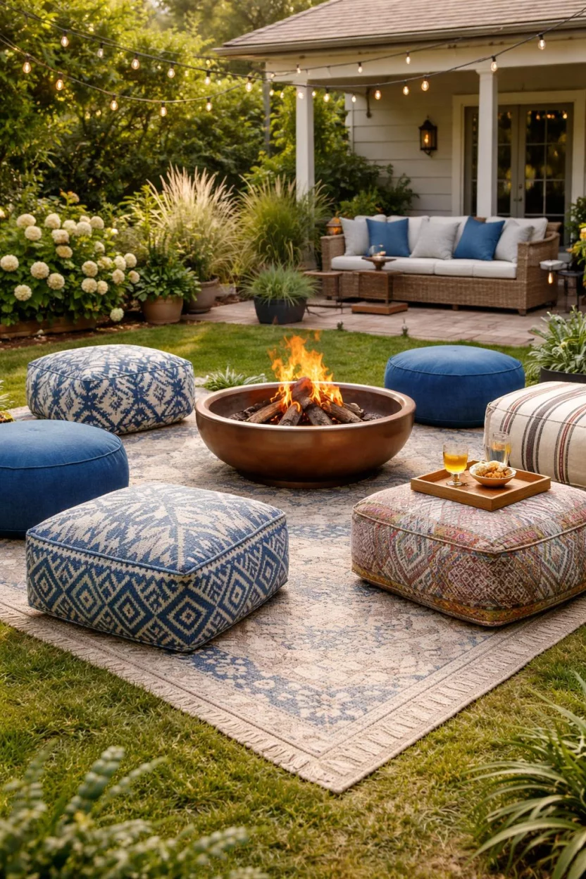 A realistic photo of an American home's backyard featuring several thick outdoor floor poufs in bohemian patterns and solid blue colors arranged around a low copper fire bowl on a rug.