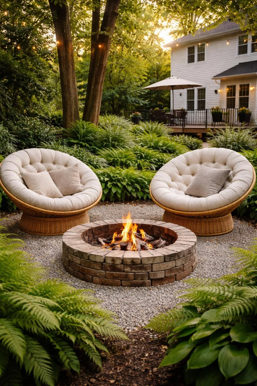 A realistic photo of an American home's backyard featuring two large cream tufted papasan chairs with wicker bases positioned near a rustic brick fire pit surrounded by lush green ferns.