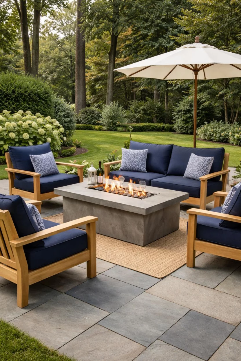 A realistic photo of an American home's backyard featuring light honey colored teak club chairs with navy blue cushions surrounding a rectangular gas fire table on a bluestone patio.