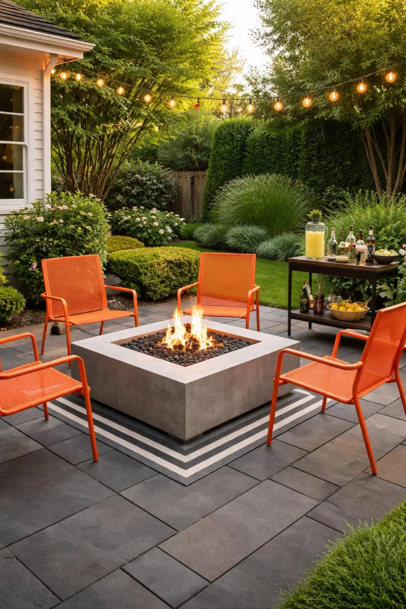 A realistic photo of an American home's backyard featuring a square poured concrete fire pit on a dark slate patio with orange metal chairs and an outdoor bar cart.