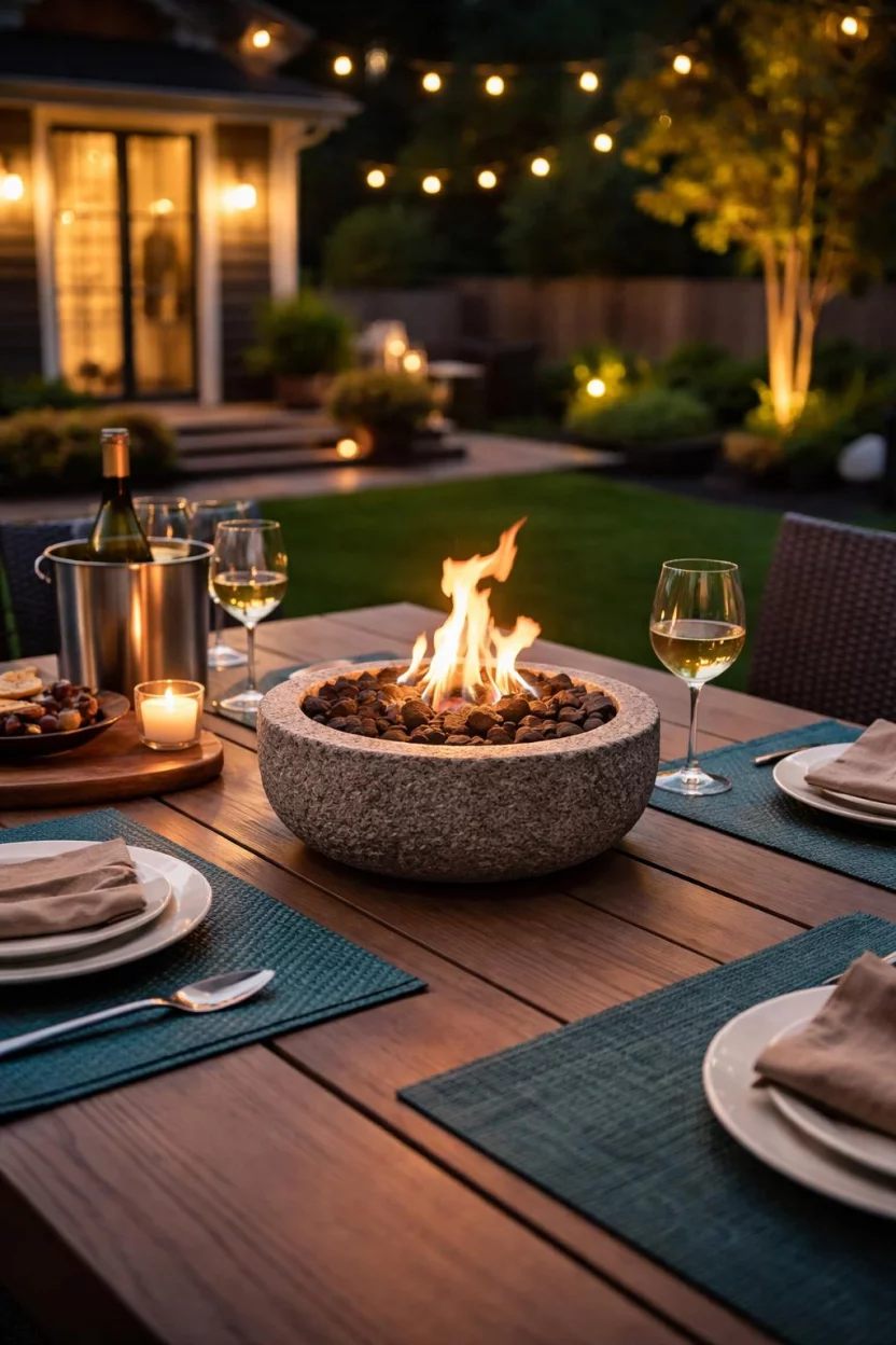 A realistic photo of an American home's backyard featuring a small stone tabletop fire bowl on a wooden outdoor dining table with teal placemats and wine glasses at night.
