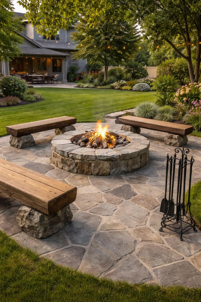 A realistic photo of an American home's backyard featuring an irregularly shaped flagstone fire pit on a matching flagstone patio with heavy timber benches and a wrought iron fire poker set.