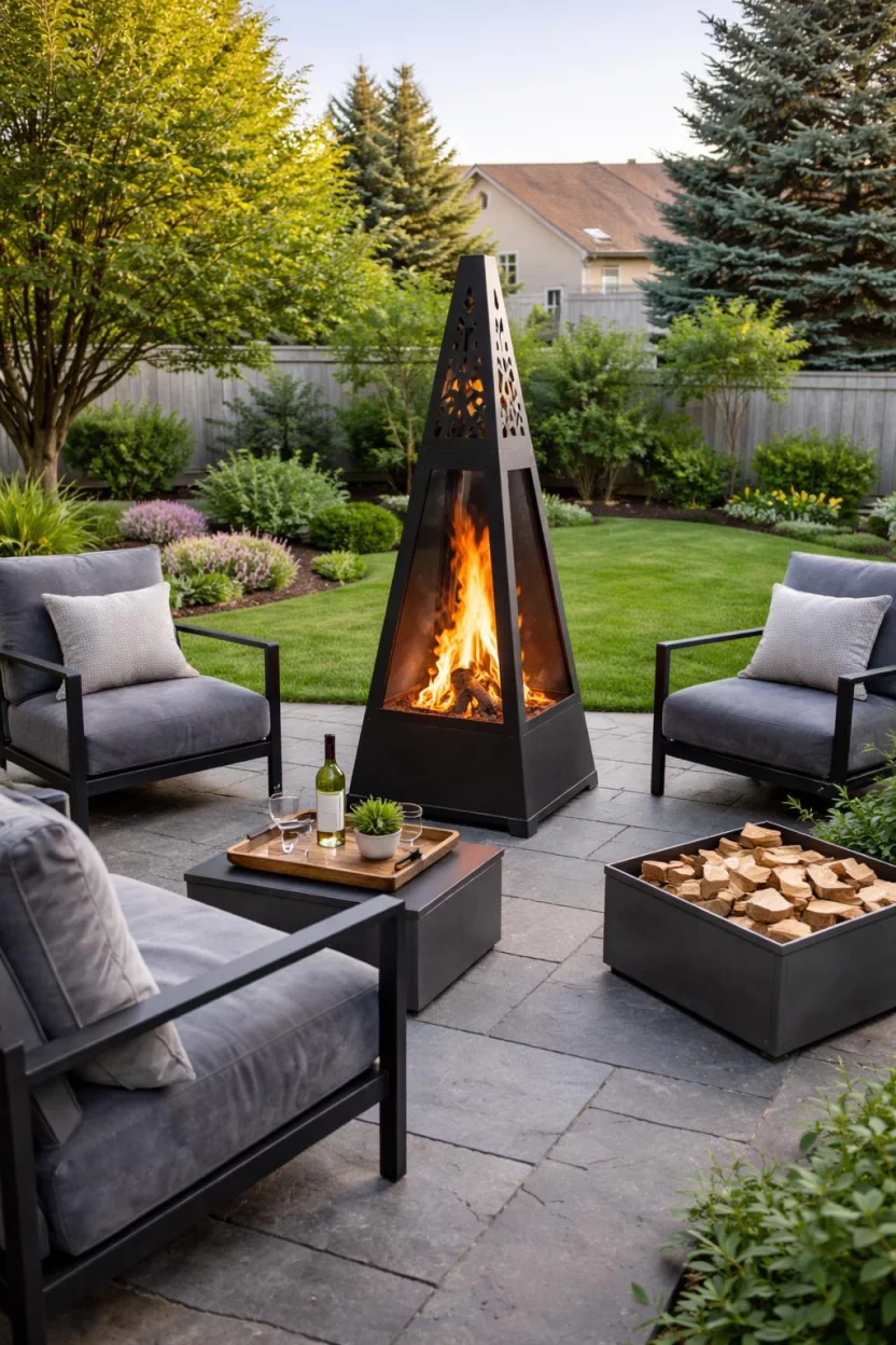 A realistic photo of an American home's backyard featuring a tall pyramid shaped black metal fire pit with a cut out design on a slate patio with grey velvet chairs and a metal log storage box.