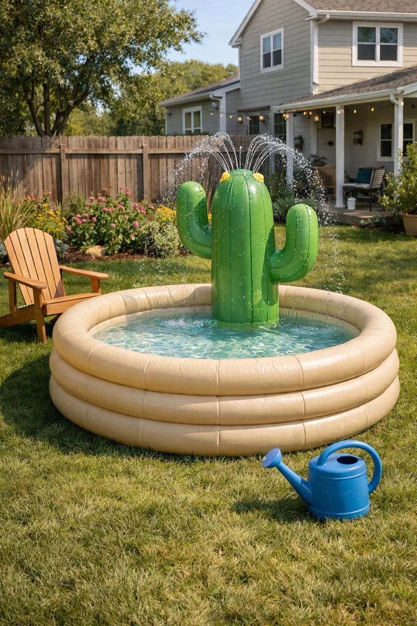 A realistic photo of an American home's backyard with a beige inflatable pool that has an attached green cactus shaped inflatable sprinkler, a wooden Adirondack chair sits to the side, and a blue watering can rests on the grass.