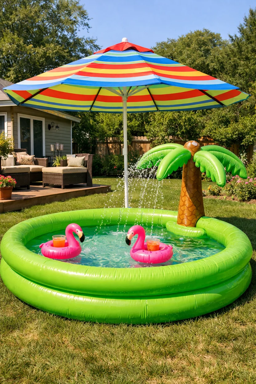 A realistic photo of an American home's backyard with a vibrant green inflatable pool featuring an integrated palm tree sprinkler, a pair of pink flamingo floating cup holders drift on the water, and a large colorful striped patio umbrella shades the area.