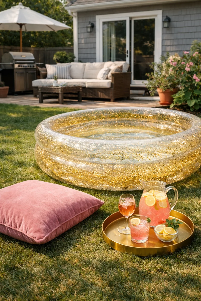A realistic photo of an American home's backyard showing a gold glitter infused transparent inflatable pool, a pink velvet outdoor floor pillow rests on the grass, and a gold metal tray with drinks sits nearby.