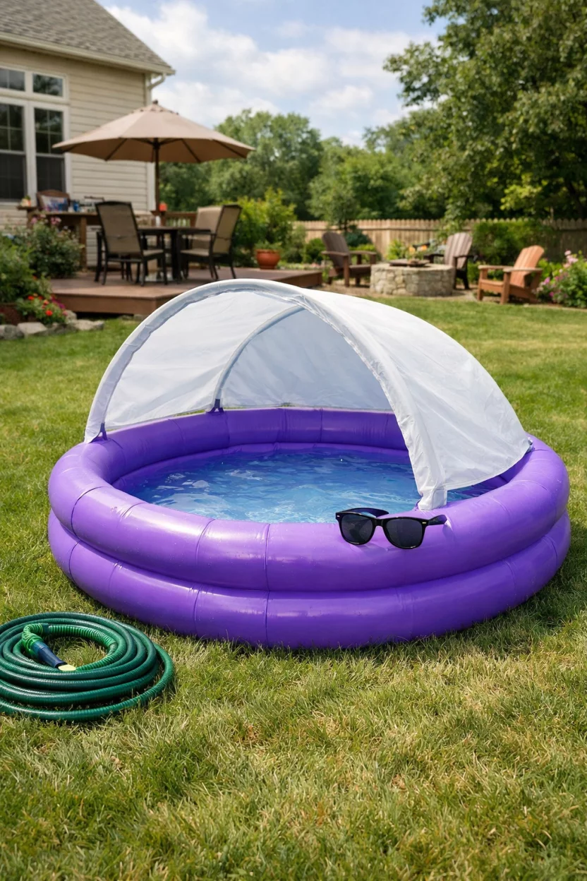 A realistic photo of an American home's backyard with a purple inflatable pool featuring a detachable white fabric sun canopy over one half, a green garden hose is coiled nearby, and a pair of black sunglasses sits on the pool rim.