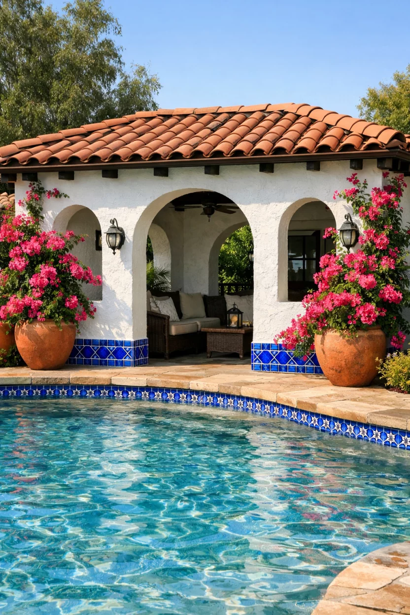 A realistic photo of an American home's backyard pool with a white stucco cabana featuring a terracotta tiled roof, arched doorways, bright blue decorative tiles along the base, and overflowing terracotta pots with pink bougainvillea climbing up the textured exterior walls.