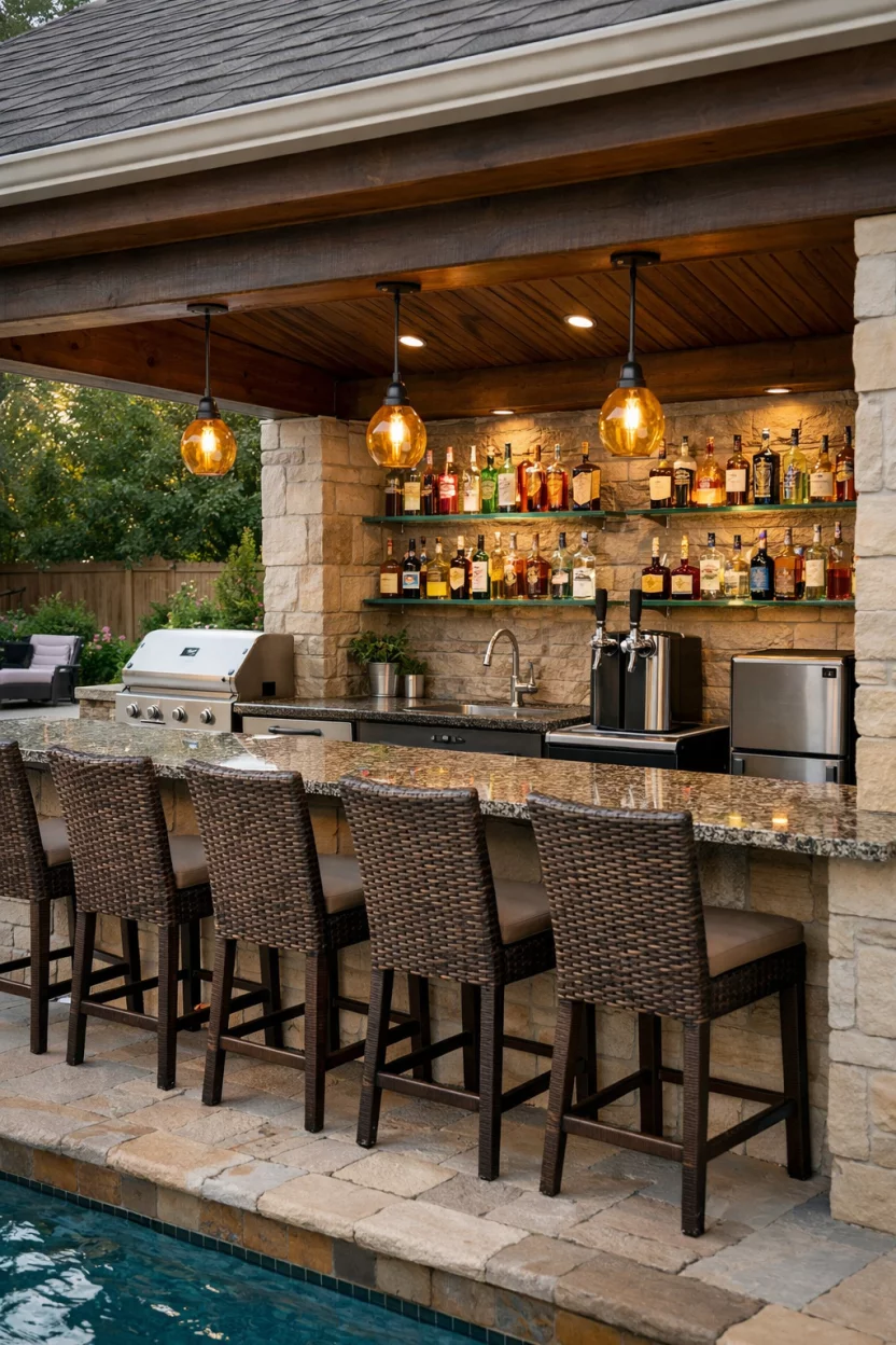 A realistic photo of an American home's backyard pool featuring an open sided cabana with a long granite countertop, high backed wicker bar stools, stainless steel appliances, a built in kegerator, and rows of colorful bottles on glass shelves under soft amber pendant lighting.