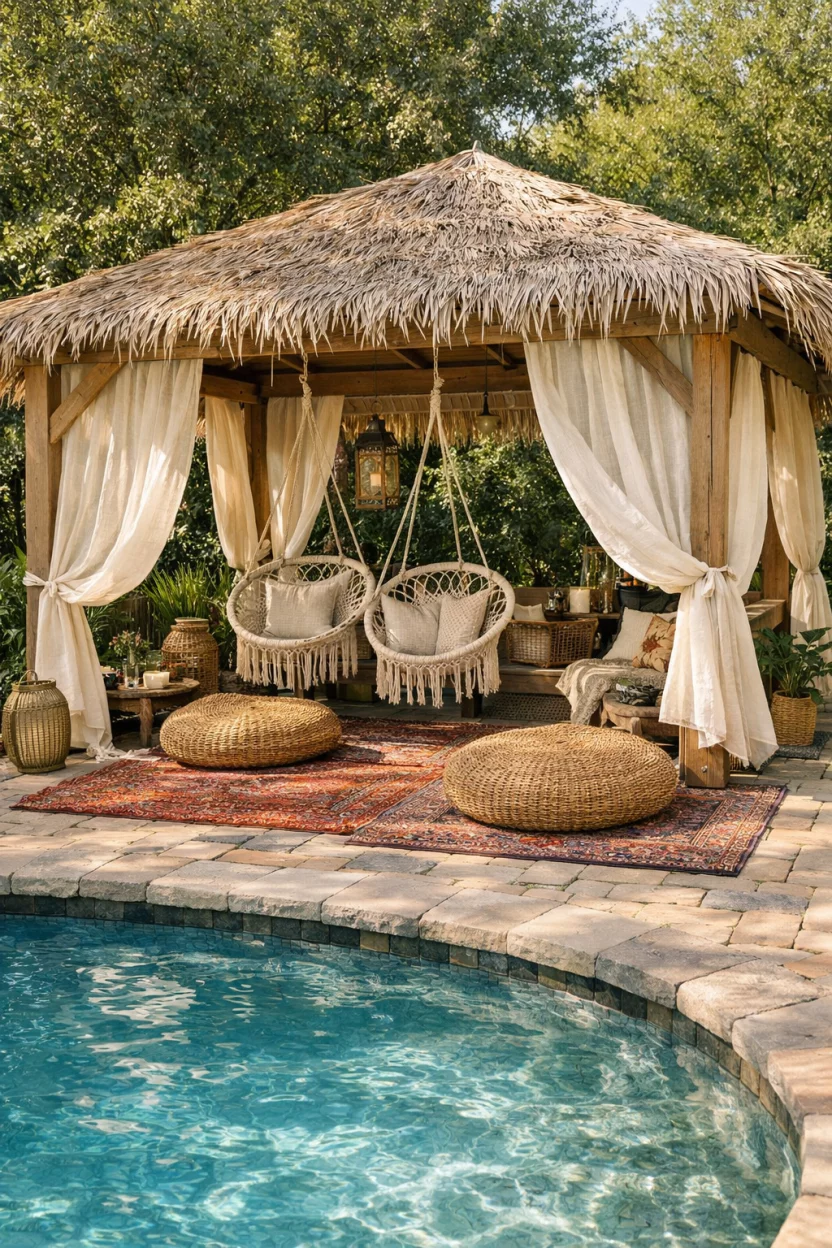 A realistic photo of an American home's backyard pool with a light wood cabana filled with hanging macrame chairs, oversized rattan floor cushions, Persian rugs over stone pavers, and cream colored linen curtains fluttering in the breeze under a thatched roof.