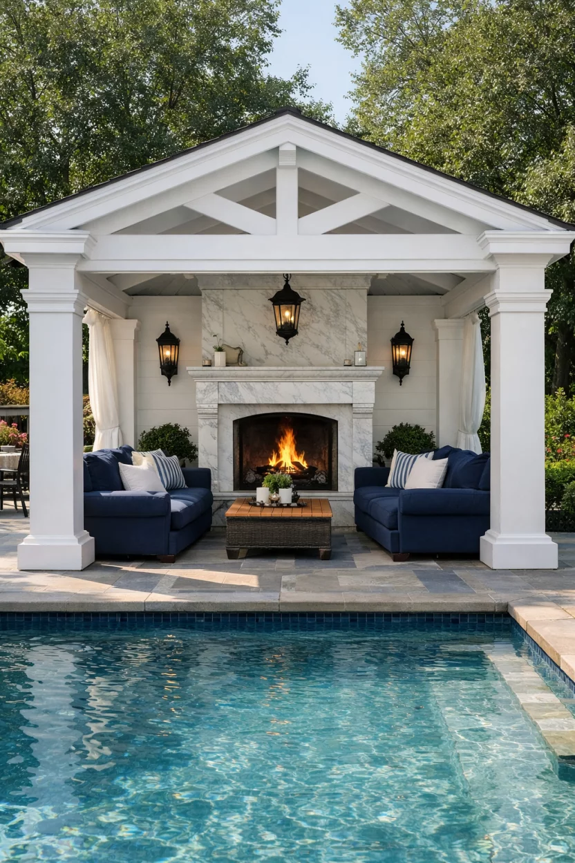 A realistic photo of an American home's backyard pool featuring an elegant white cabana with thick square pillars, a vaulted ceiling with exposed white beams, a large outdoor fireplace with a marble mantel, and plush navy blue upholstered sofas.