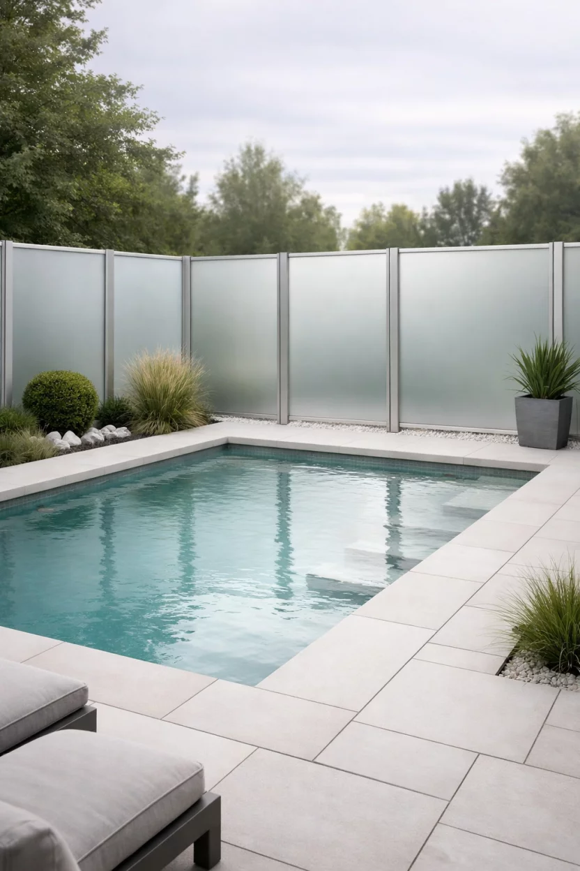 A realistic photo of an American home's backyard pool with frosted glass privacy panels, silver metal frames, soft diffused light, contemporary garden design, white stone tiles, elegant and private atmosphere, minimalist landscaping.