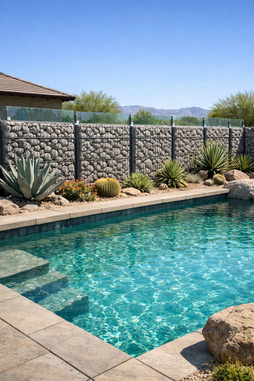 A realistic photo of an American home's backyard pool with a gabion wall fence made of wire cages filled with gray river stones, glass top accents, rugged industrial look, desert landscaping, native succulents, clear turquoise pool water.