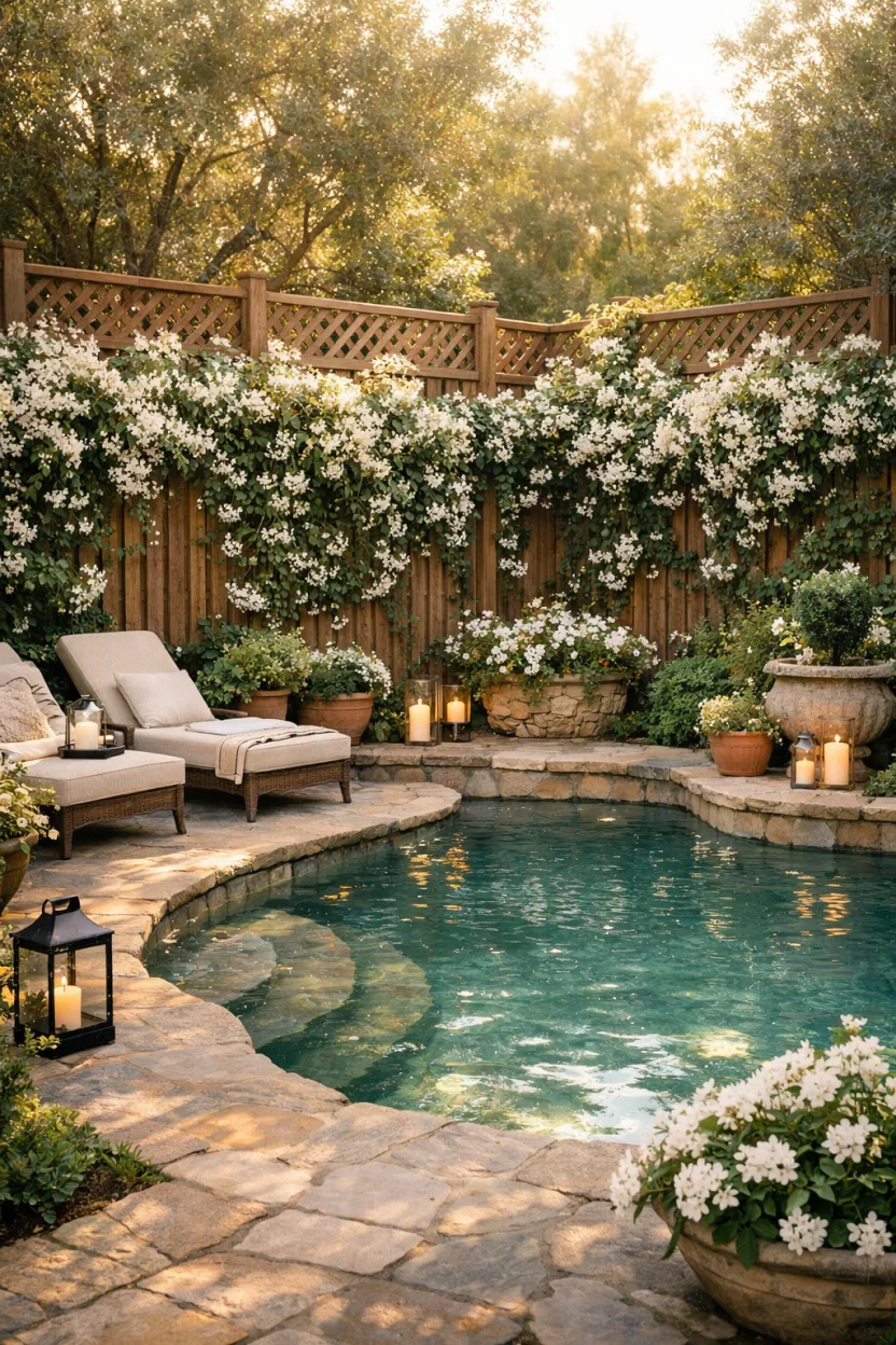 A realistic photo of an American home's backyard pool with a high wooden trellis fence covered in blooming jasmine vines, white flowers, romantic garden style, soft sunlight, fragrant and private retreat.