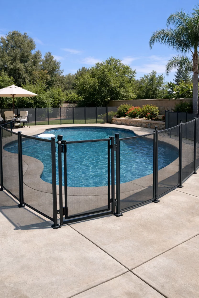 A realistic photo of an American home's backyard pool with a removable dark gray mesh fence, slim aluminum poles, transparent black netting, child safety features, clean concrete pool deck, bright summer day, simple and functional design.