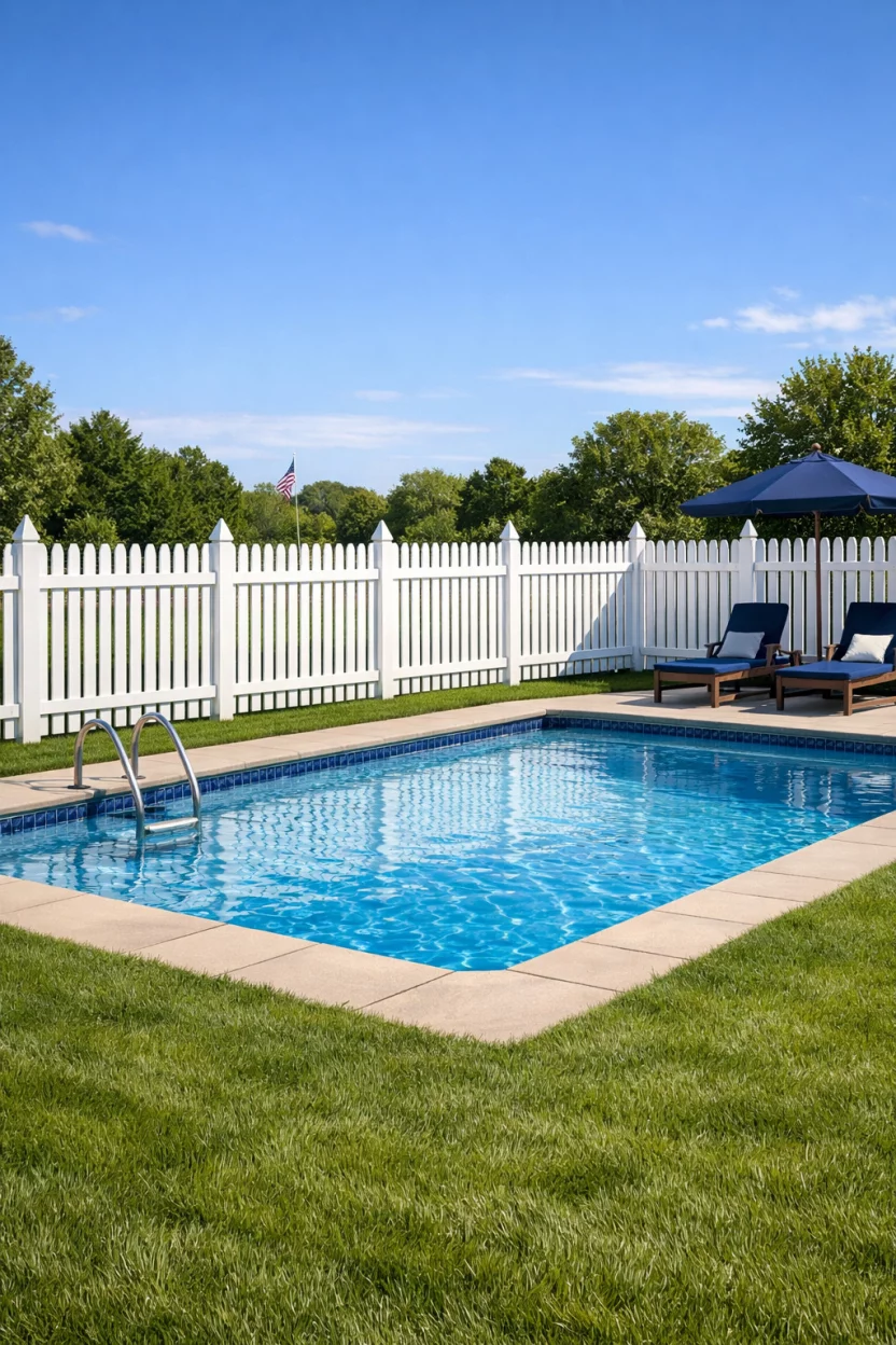 A realistic photo of an American home's backyard pool surrounded by a bright white vinyl picket fence, pointed tops, neat green grass, blue sky, classic Americana aesthetic, clean lines, durable plastic material, sunlight hitting the reflective white surface.