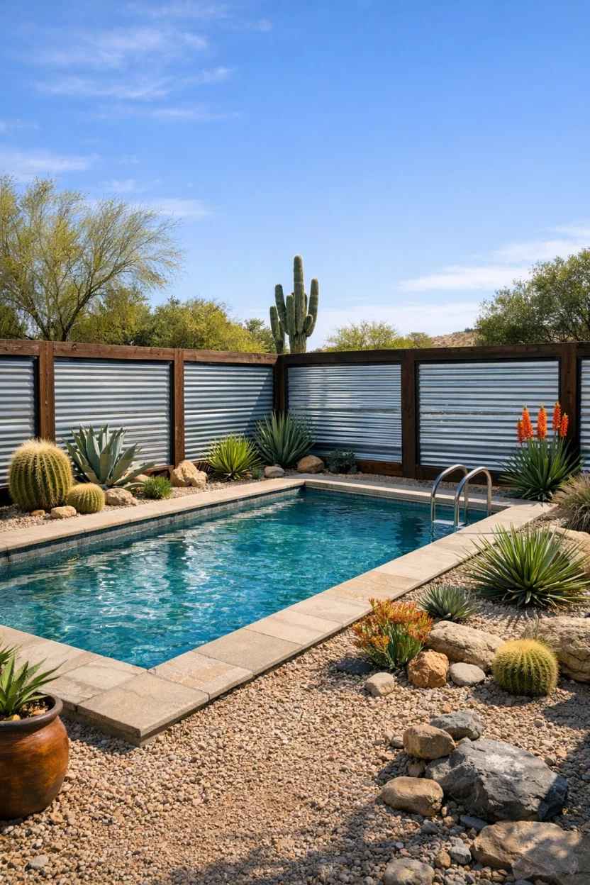 A realistic photo of an American home's backyard pool enclosed by corrugated galvanized metal panels, horizontal orientation, dark wood frames, industrial chic style, desert plants, gravel landscaping, bright sunny afternoon.
