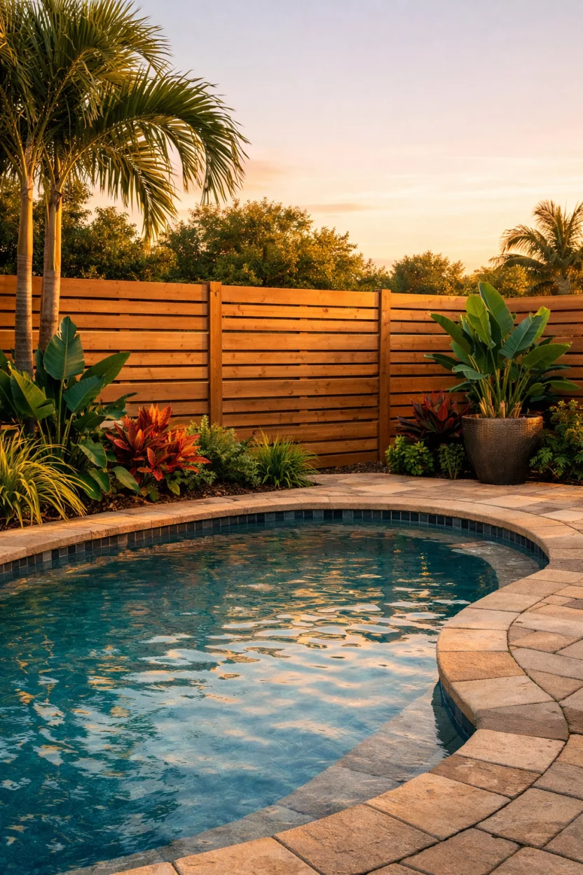 A realistic photo of an American home's backyard pool enclosed by a warm cedar wood fence with horizontal slats, small gaps between boards for airflow, modern privacy design, lush tropical plants nearby, stone pavers, warm golden hour lighting.