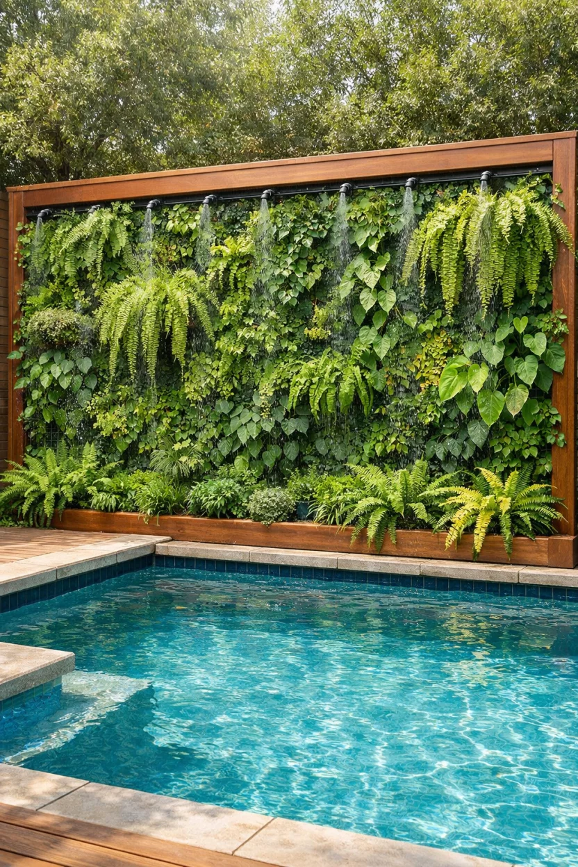 A realistic photo of an American home's backyard pool with a living green wall fence, lush ferns and vines, integrated irrigation system, vibrant green foliage, wooden frame, eco-friendly design, refreshing and cool atmosphere.
