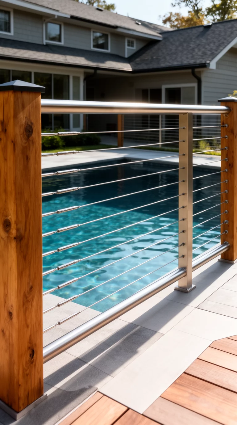 A realistic photo of an American home's backyard pool featuring stainless steel cable railings, wooden posts, clear view of the water, modern deck design.