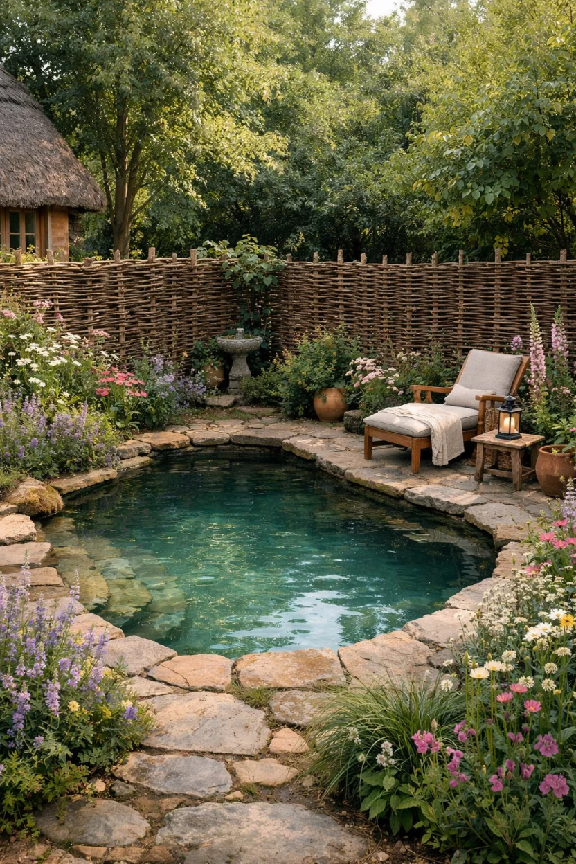 A realistic photo of an American home's backyard pool with traditional woven willow branch fencing, rustic English cottage garden style, organic textures, wildflower borders, soft natural light, cozy and hidden swimming area.