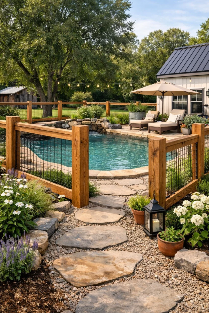A realistic photo of an American home's backyard pool with a modern hog wire fence, thick wooden frames, black wire mesh, farmhouse chic style, garden path, casual and trendy outdoor space.