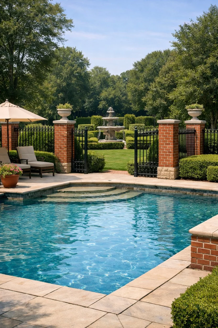 A realistic photo of an American home's backyard pool with red brick pillars and black wrought iron fence sections, traditional estate style, manicured hedges, classic luxury, formal garden, sturdy and secure.
