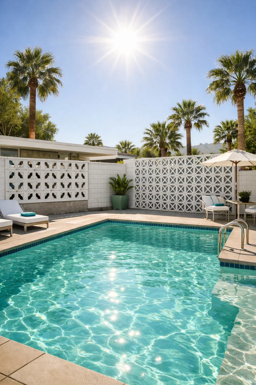A realistic photo of an American home's backyard pool with white decorative concrete breezeblocks, geometric patterns, retro 1960s style, turquoise water, palm trees, bright sun, clean architectural lines.