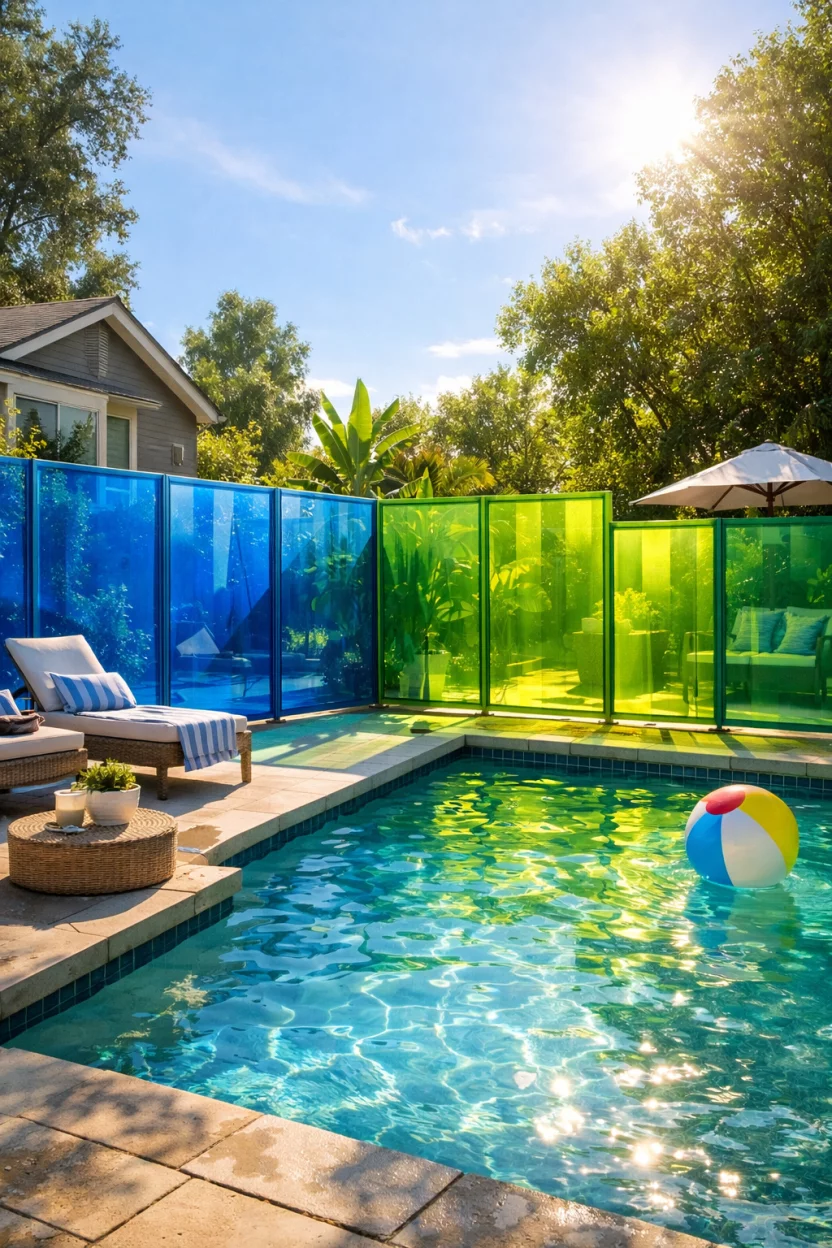 A realistic photo of an American home's backyard pool with semi-transparent blue and green plexiglass fence panels, modern artistic style, light filtering through colored plastic, creative and playful atmosphere, sunny day.