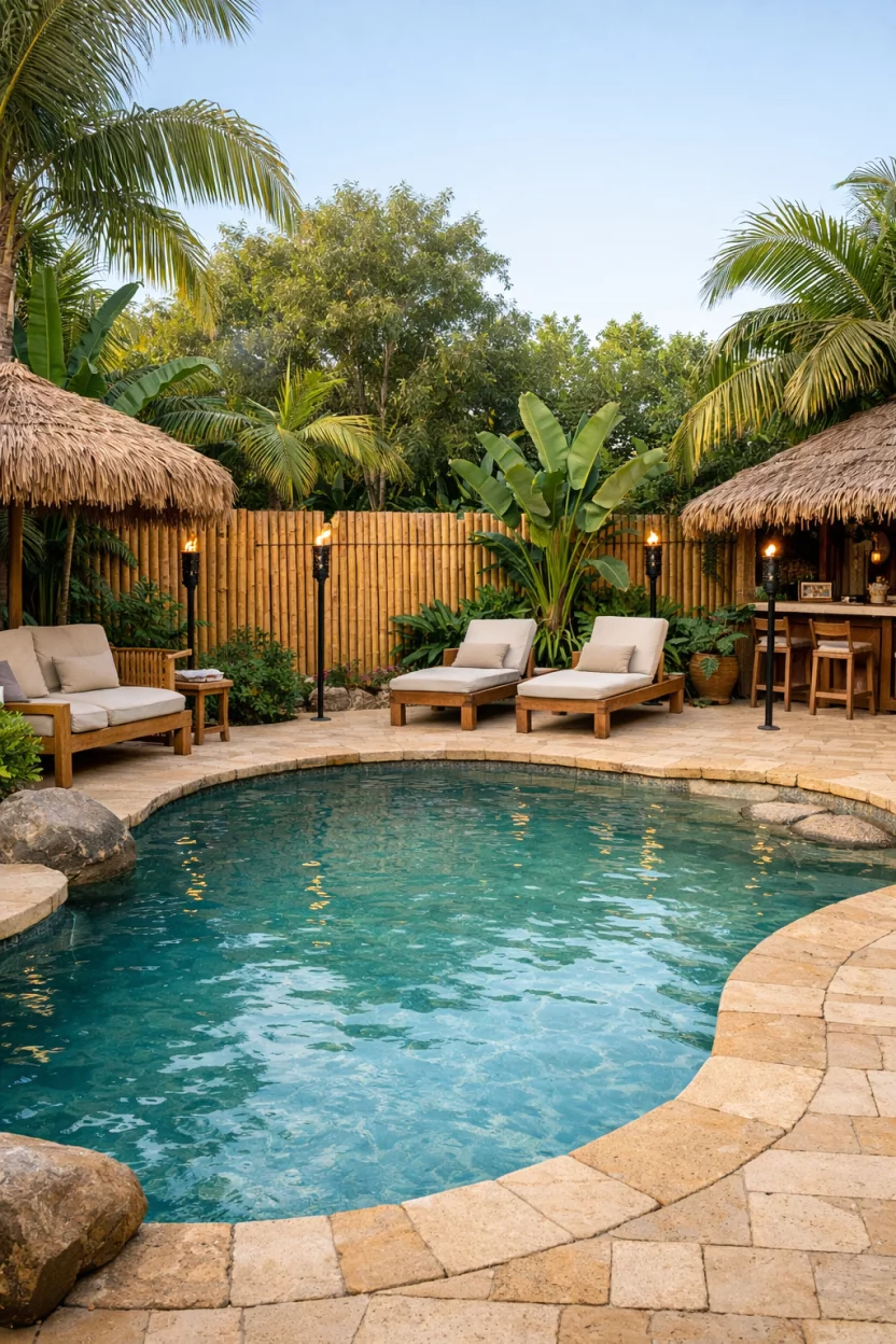 A realistic photo of an American home's backyard pool featuring a natural bamboo pole fence, tropical resort style, light tan wood tones, lush green palms, tiki torches, sand colored pavers, relaxing vacation atmosphere.