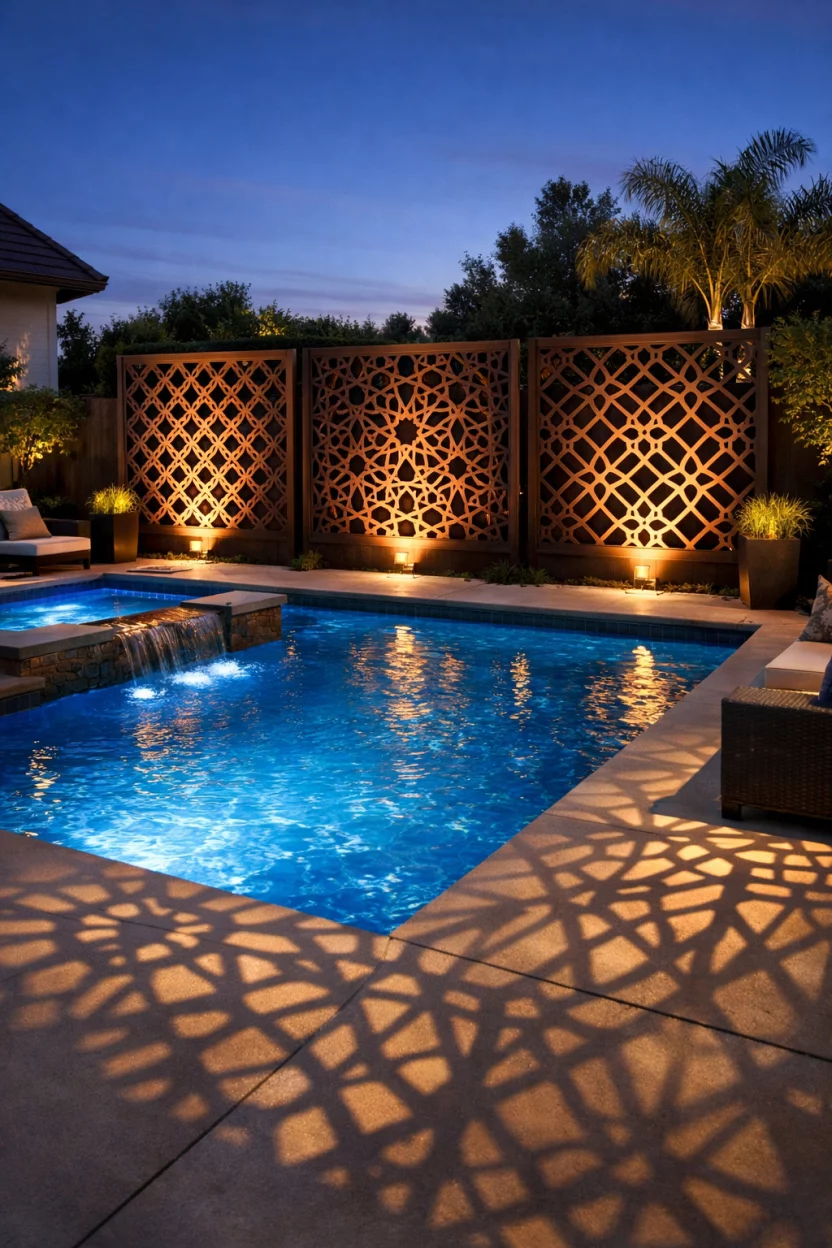 A realistic photo of an American home's backyard pool featuring decorative laser cut steel privacy panels, intricate geometric patterns, dark bronze finish, shadows casting patterns on the concrete deck, modern luxury backyard, vibrant blue water, architectural lighting.