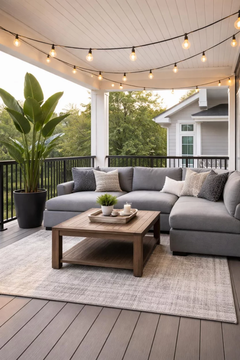 A realistic photo of an American home's balcony featuring a three piece modular grey fabric sectional, a square wooden coffee table, a tall bird of paradise plant in a black pot, and a string of warm globe lights overhead.